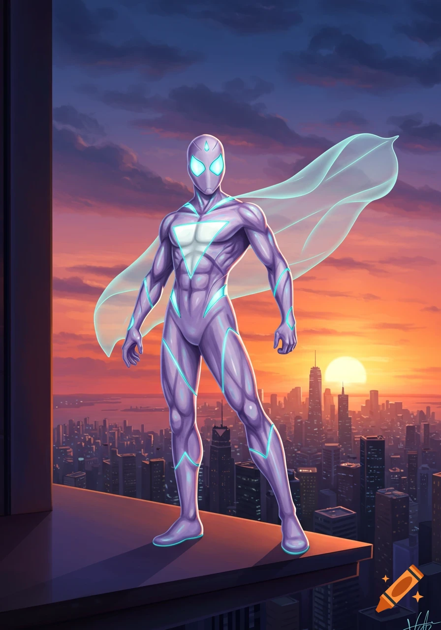 A purple superhero with glowing blue lines and a flowing translucent cape stands on a building rooftop overlooking a city skyline at sunset.