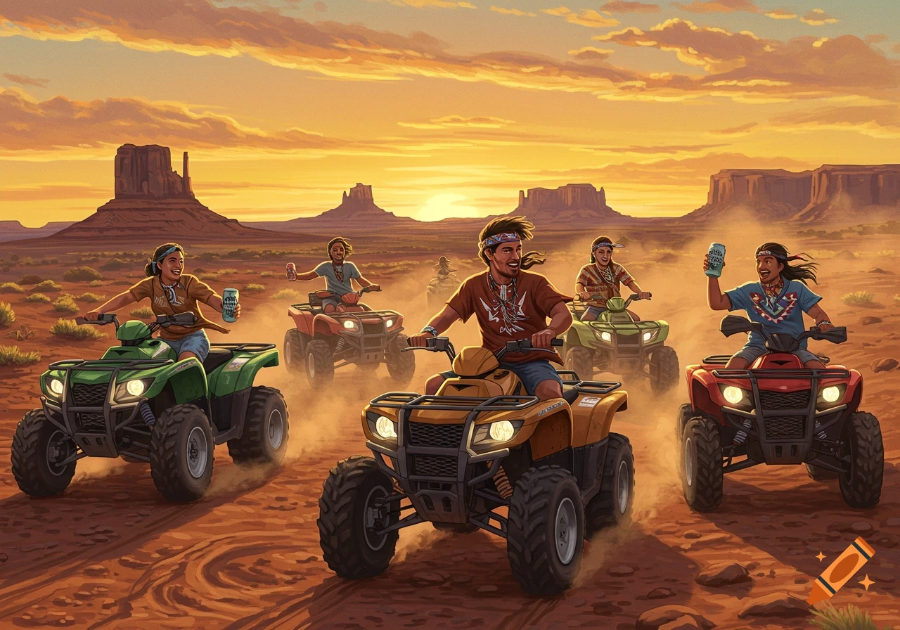 Illustrated scene of people riding ATVs in a desert landscape at sunset, holding cans.