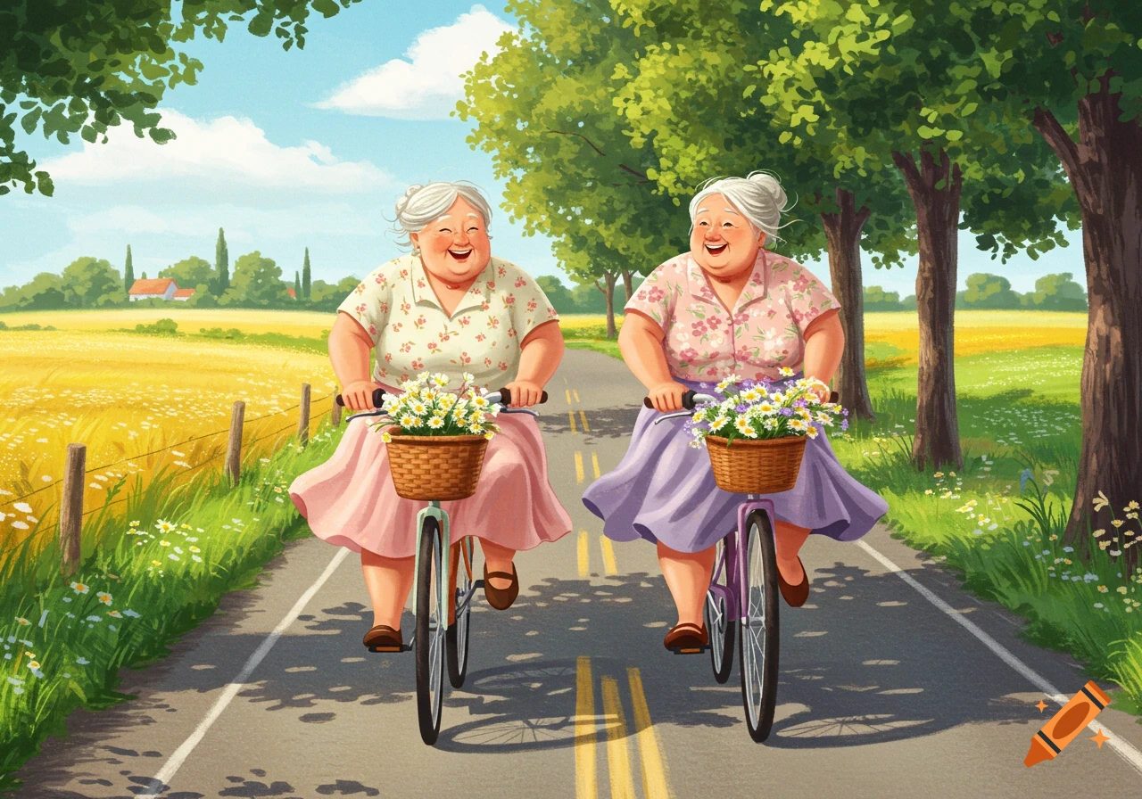 Two cheerful elderly women ride bikes down a country road on a sunny day.