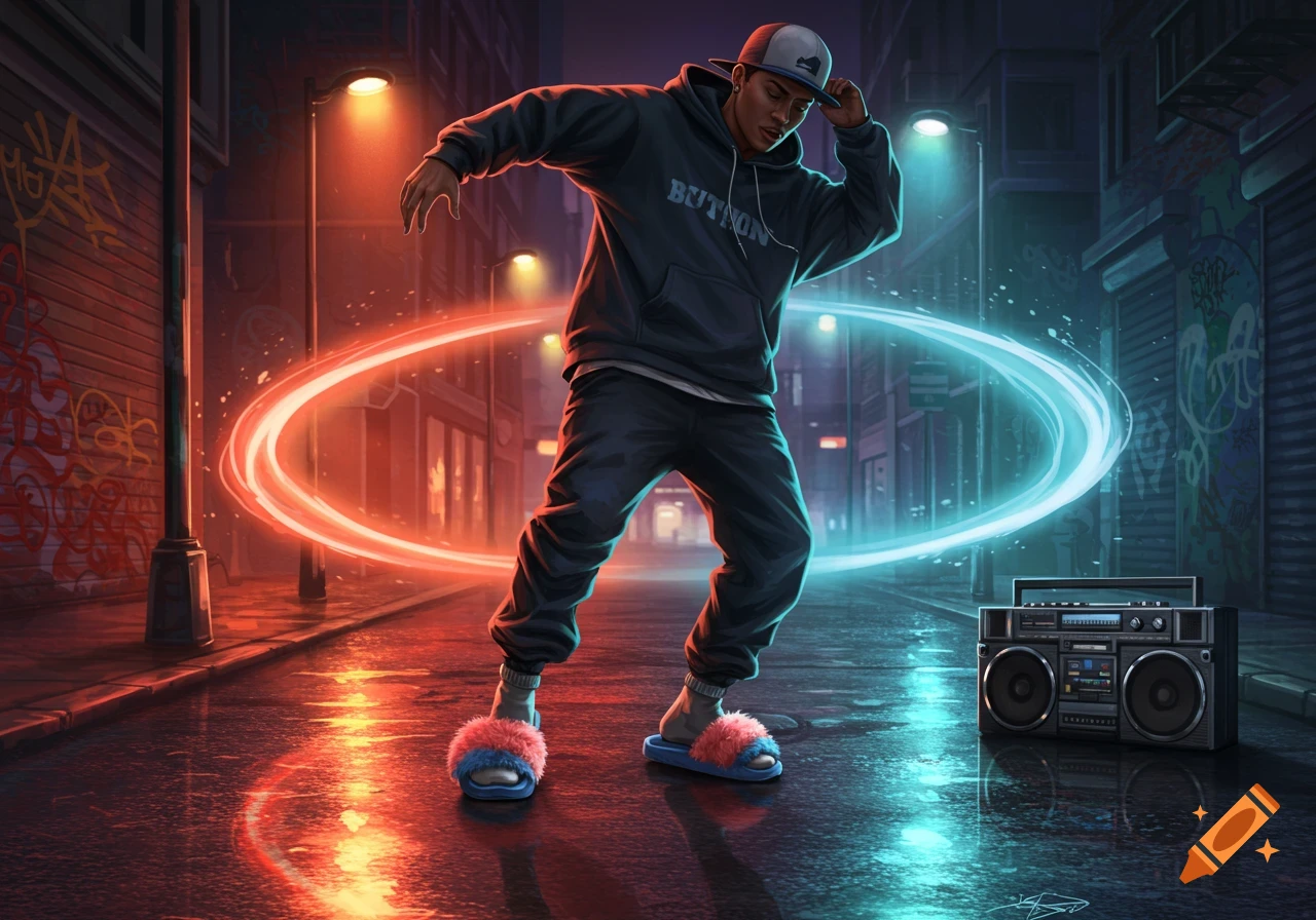 A person in a hoodie and fuzzy slippers dancing on a wet city street at night, surrounded by neon light trails, with a boombox nearby.