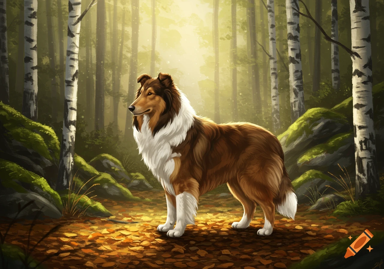 A beautiful collie dog stands in a sunlit forest with autumn leaves on the ground, in a digital painting style.