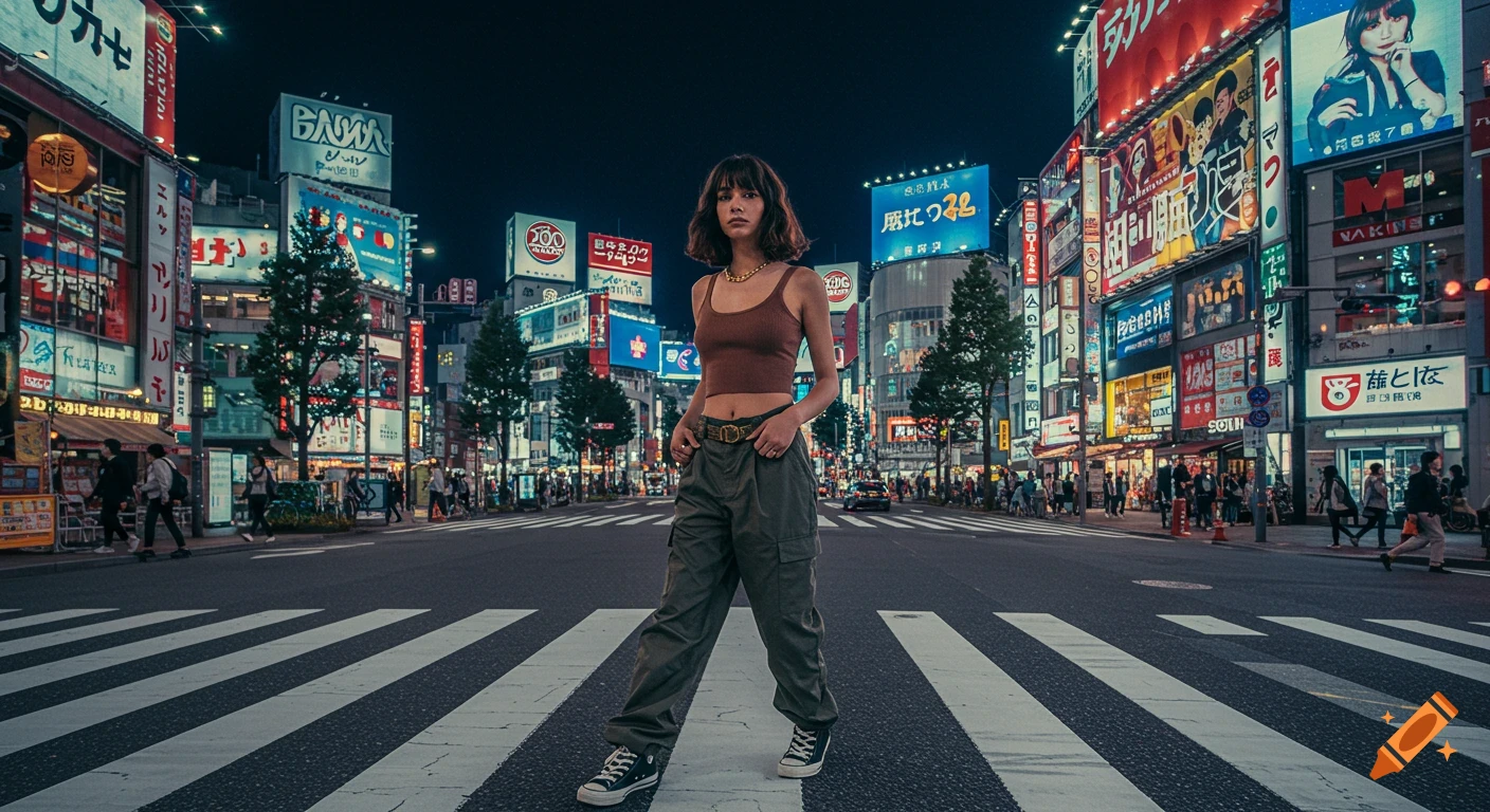A woman in a brown crop top, green cargo pants, and sneakers stands on a crosswalk in a vibrant, neon-lit city at night, with buildings and signs in the background.