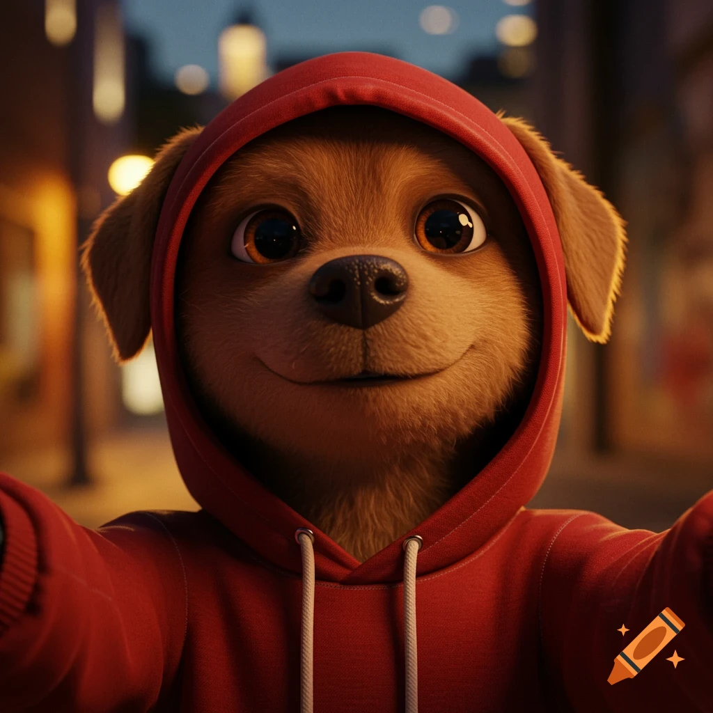 Close-up photorealistic selfie of a cute anthropomorphic dog in a red hoodie, smiling with big eyes, city lights in background.
