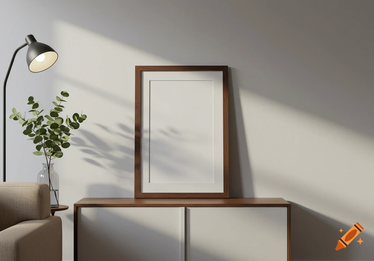 A blank picture frame on a wooden console table in a Nordic living room with a lamp and plant, illuminated by cinematic light.
