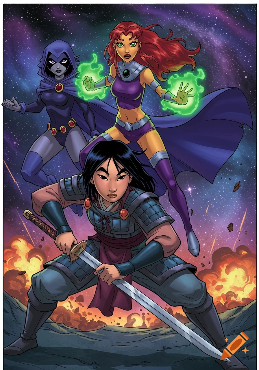 Mulan in warrior armor with a sword, Raven, and Starfire with green energy standing against a cosmic background with explosions.