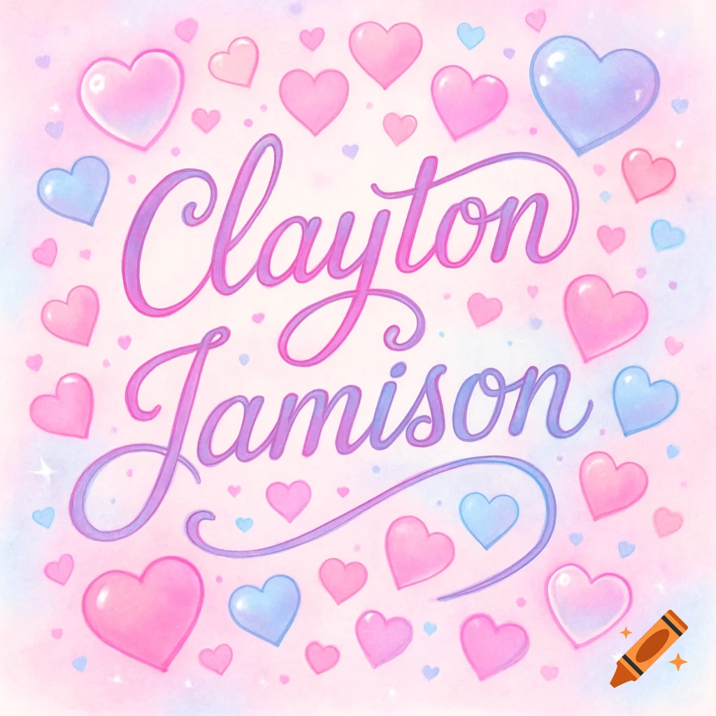 The names Clayton and Jamison in stylized pink and purple script, surrounded by pink and blue watercolor hearts on a soft pastel background.