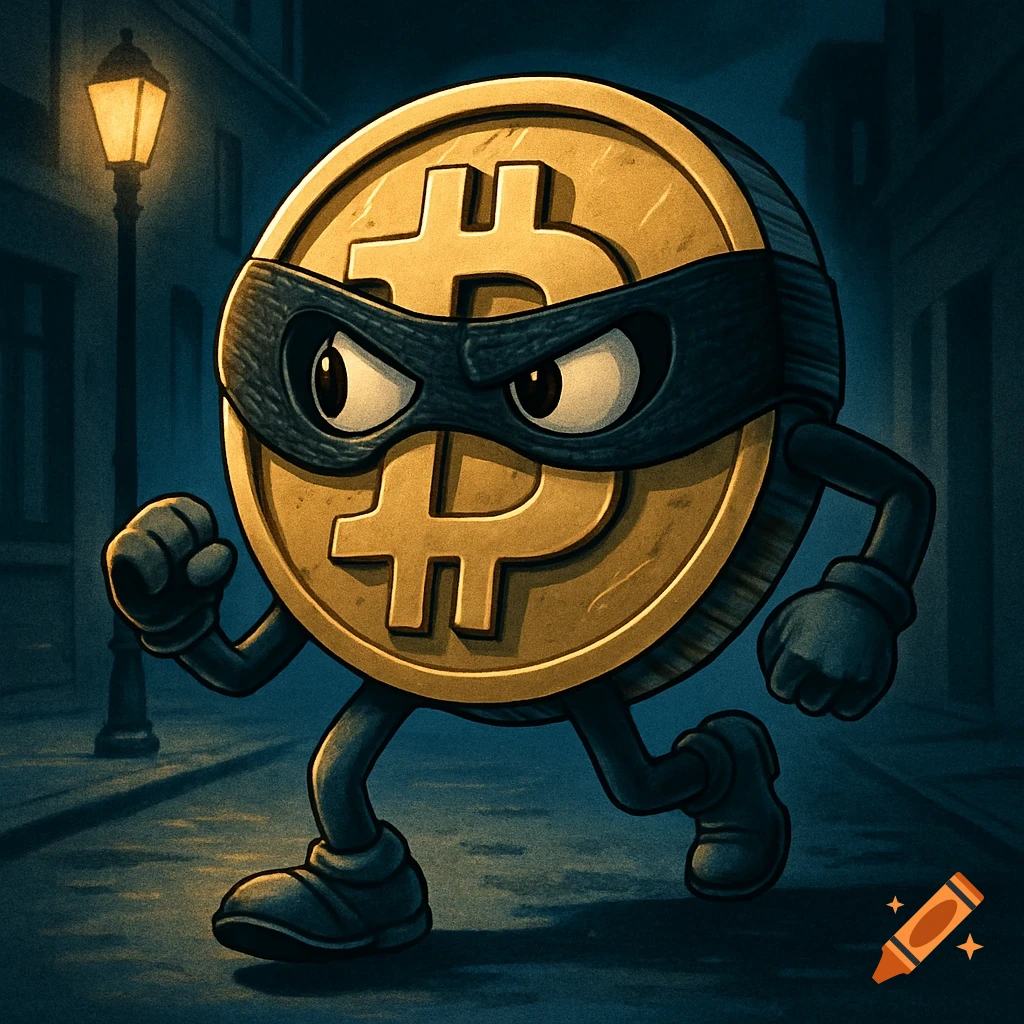 A cartoon anthropomorphic gold bitcoin coin in a black burglar mask runs down a dark street lit by a single streetlamp.