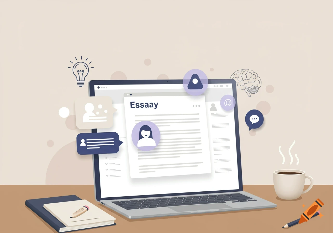 Flat-style digital illustration of a laptop with an essay document, surrounded by AI icons, on a desk with a notepad, pencil, and coffee cup.