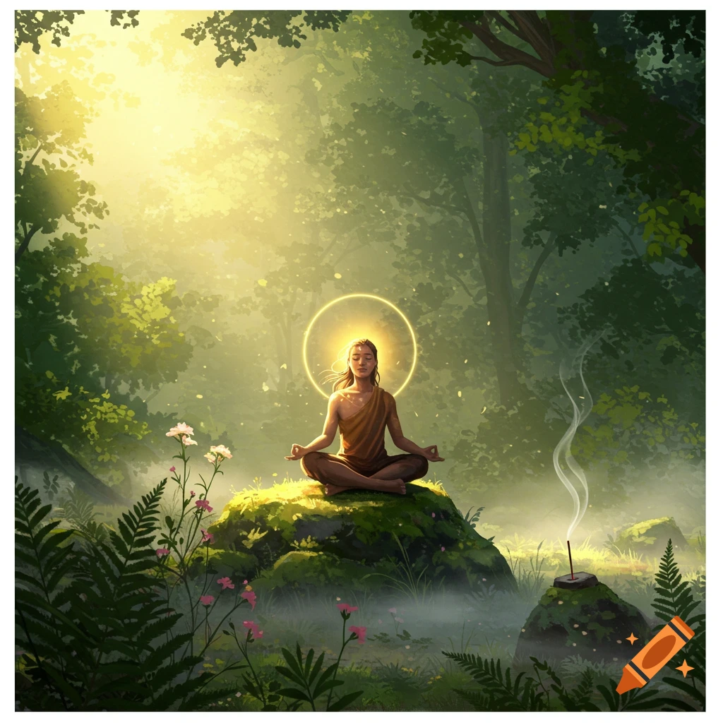 A serene figure meditating with a glowing halo on a mossy rock in a lush, sunlit forest with an incense stick burning.