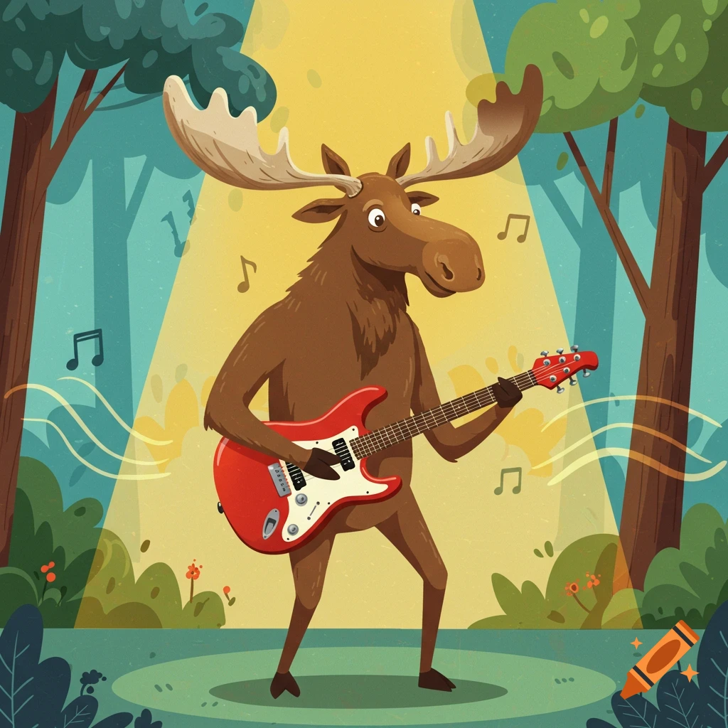 A cartoon moose plays a red electric guitar in a forest clearing under a spotlight, with musical notes floating around.