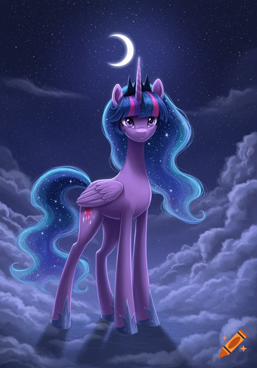 A purple alicorn with a starry mane and tail and a black crown stands in a cloudy night under a crescent moon, cartoon style.