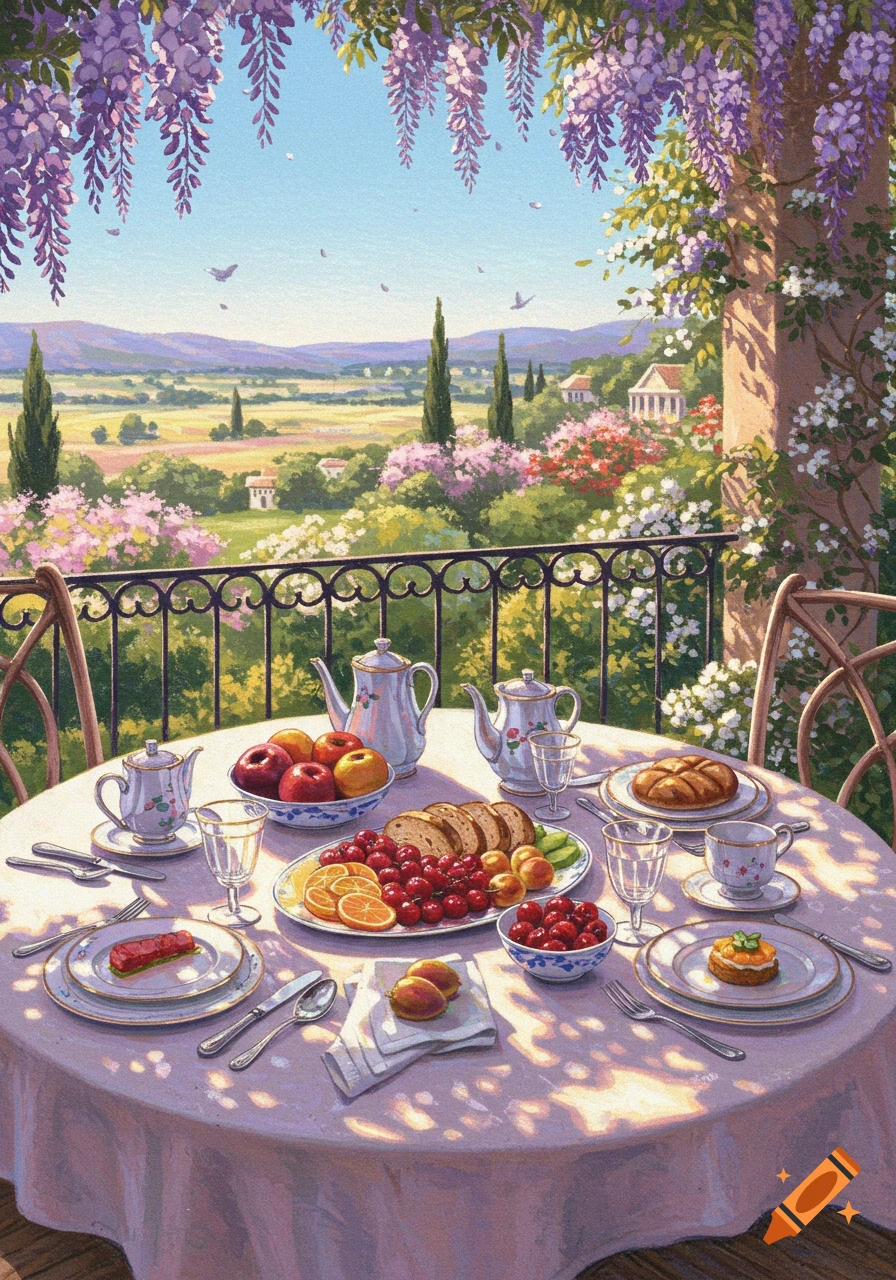 A picturesque painted scene of a breakfast table on a balcony overlooking a vibrant European landscape with wisteria.