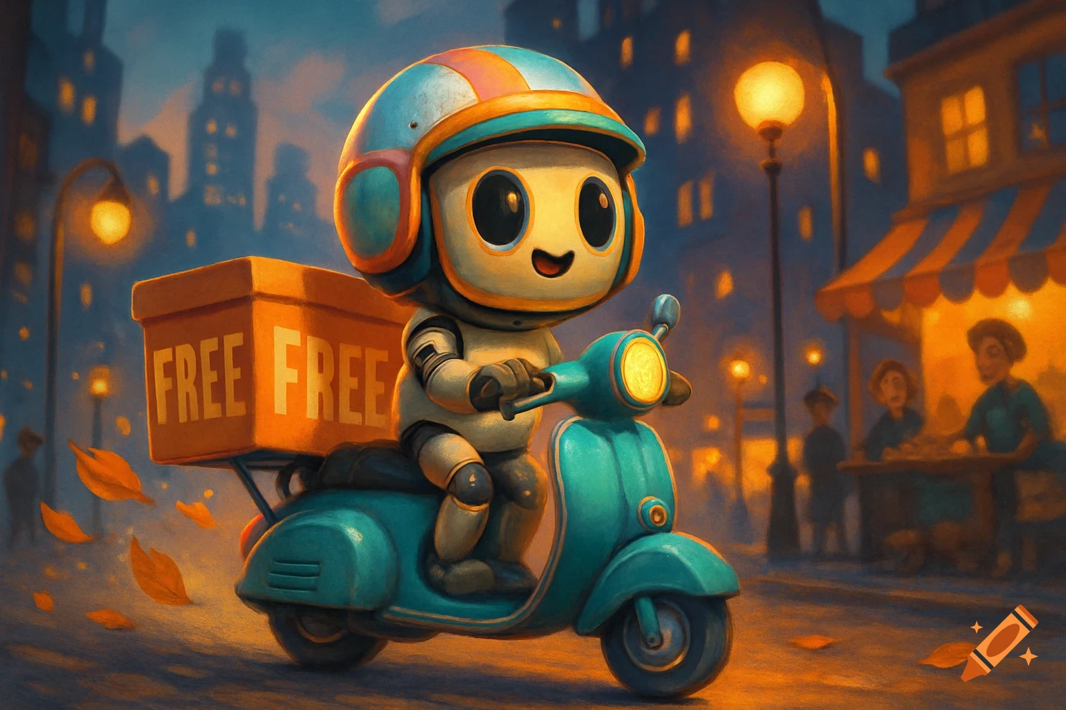 A cute cartoon delivery robot on a blue scooter with an orange box labeled "FREE FREE", riding down a stylized city street at night.