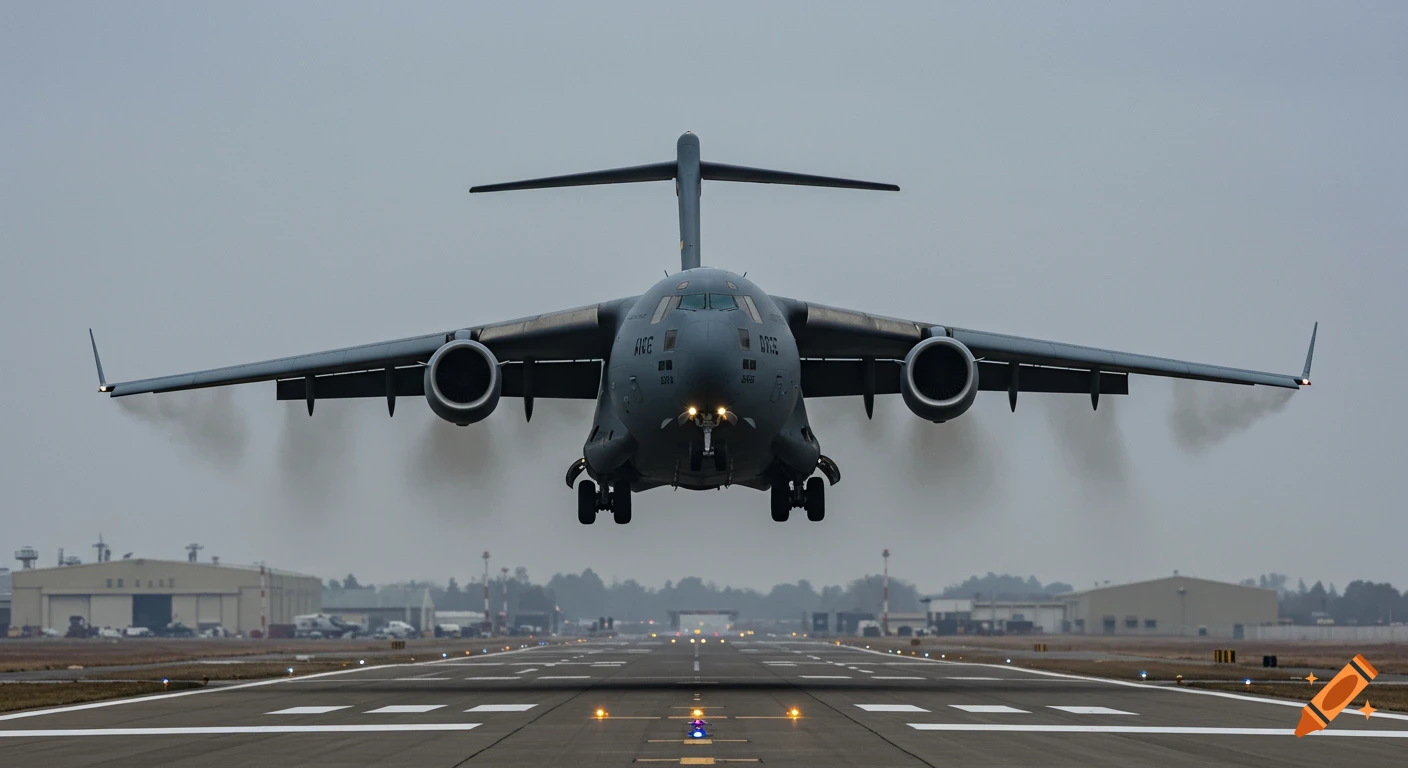 A large grey C-17 military transport aircraft lifts off from a runway, viewed from the front, under an overcast sky.