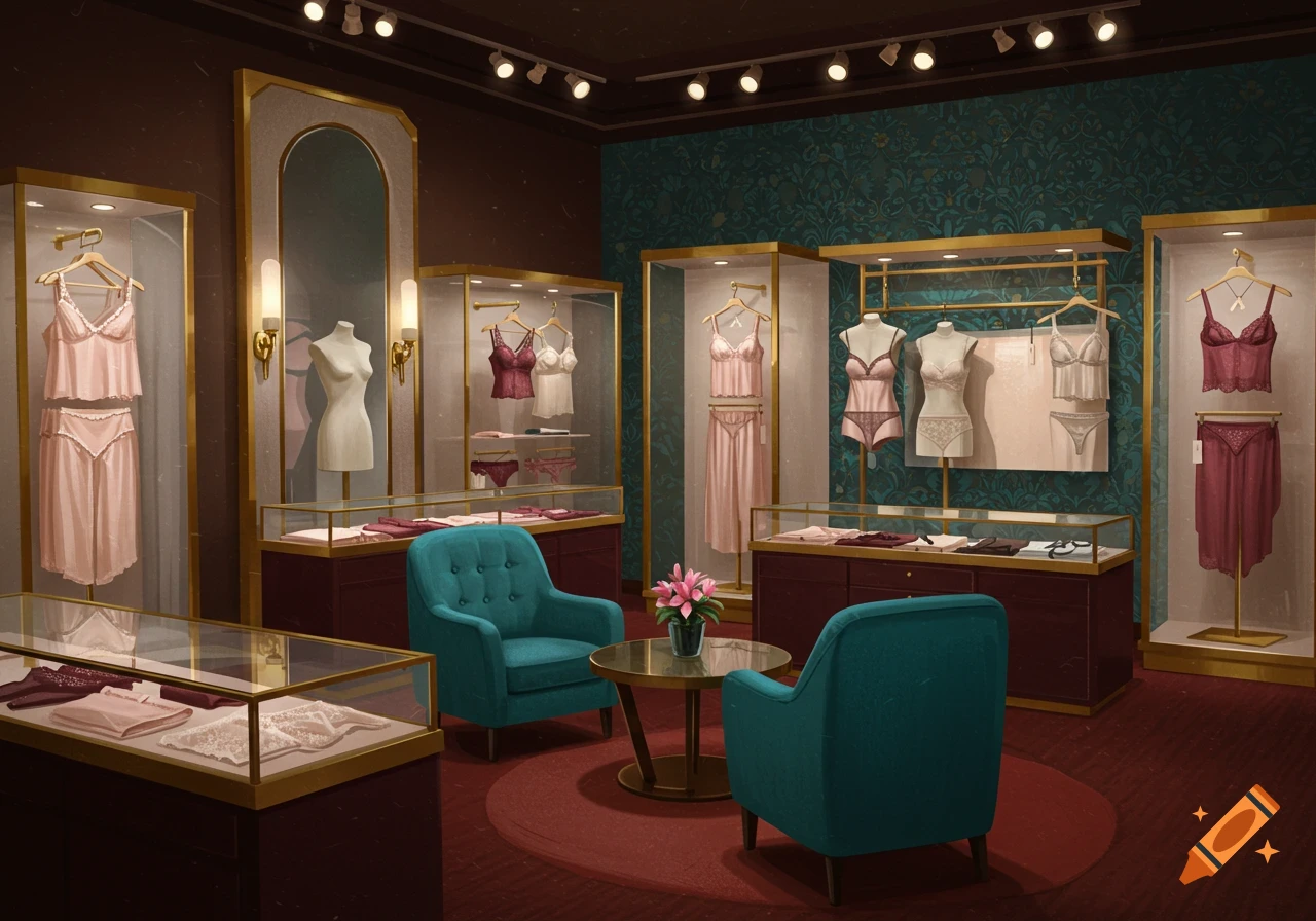 An illustration of a high-end lingerie store interior with display cases, mannequins, hanging lingerie, and a central seating area.