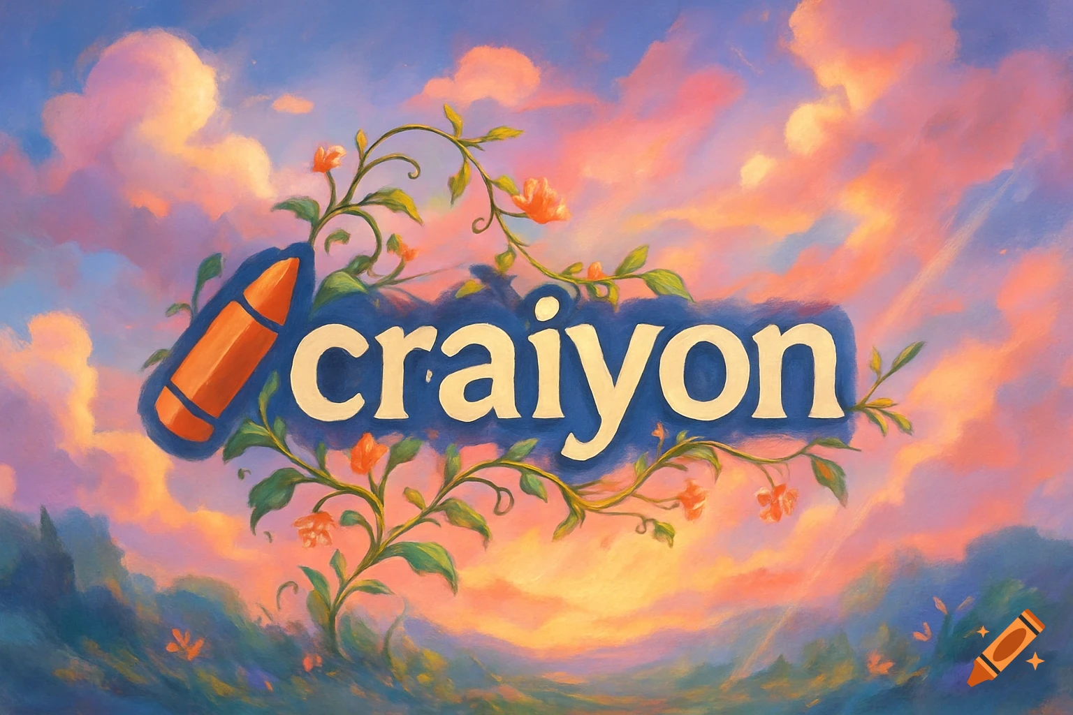 Stylized word 'craiyon' with an orange crayon and green vines with flowers, set against a vibrant painterly sky.