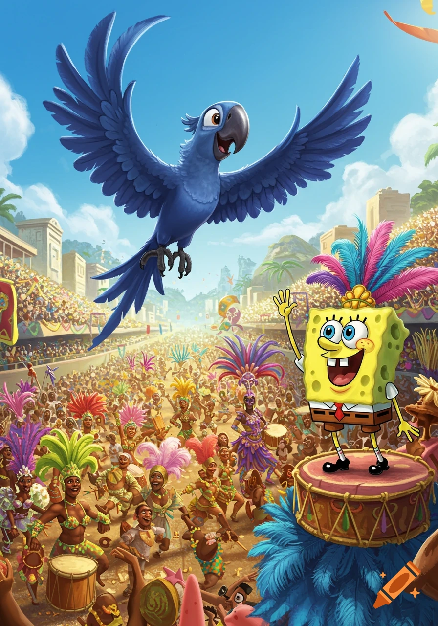 Blu from Rio flies above a vibrant carnival parade filled with dancers and a waving SpongeBob SquarePants, cartoon style.
