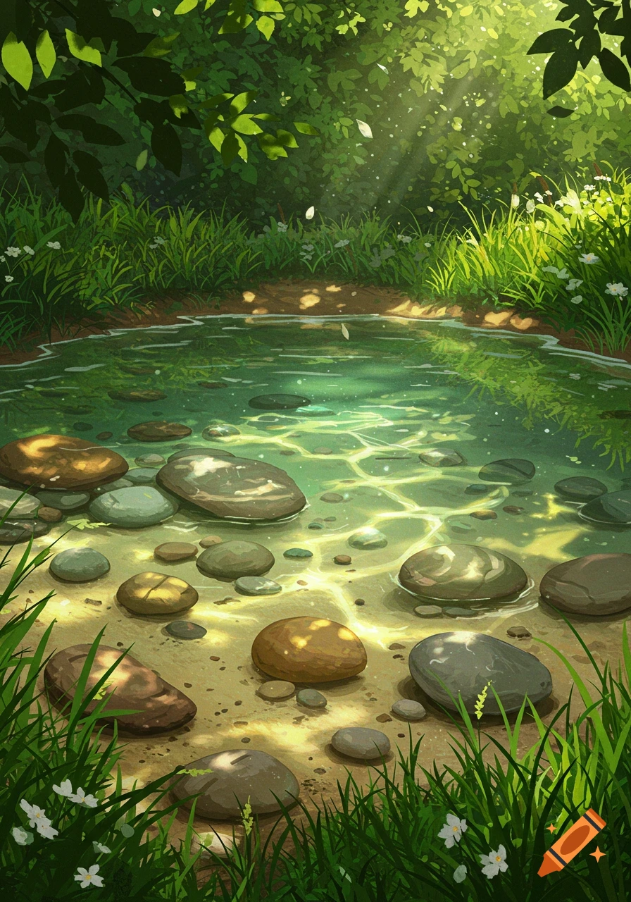 A serene nature scene in Studio Ghibli style, featuring a clear, shallow pond with visible pebbles on the bed, surrounded by lush green foliage with sunlight filtering through.