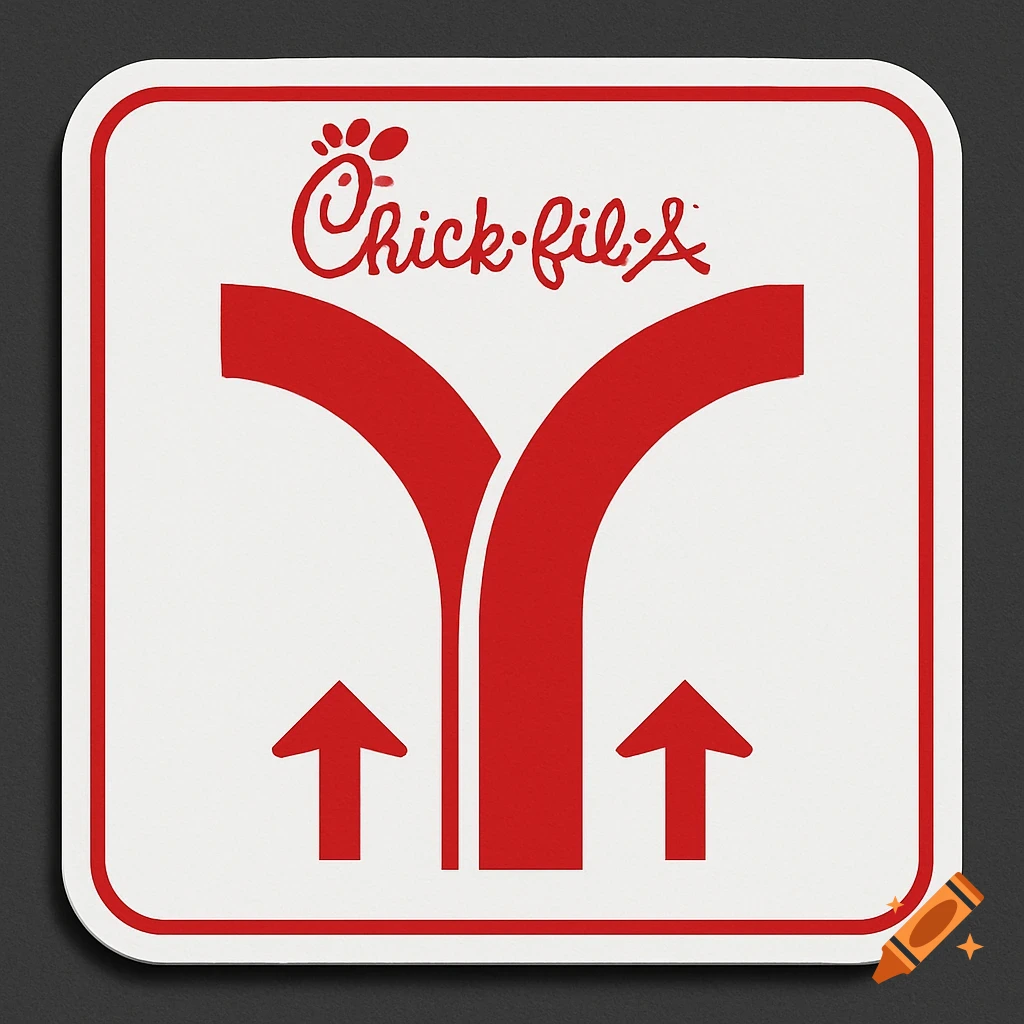 A white square sign with a red border, featuring the Chick-fil-A logo and two red arrows indicating diverging lanes.