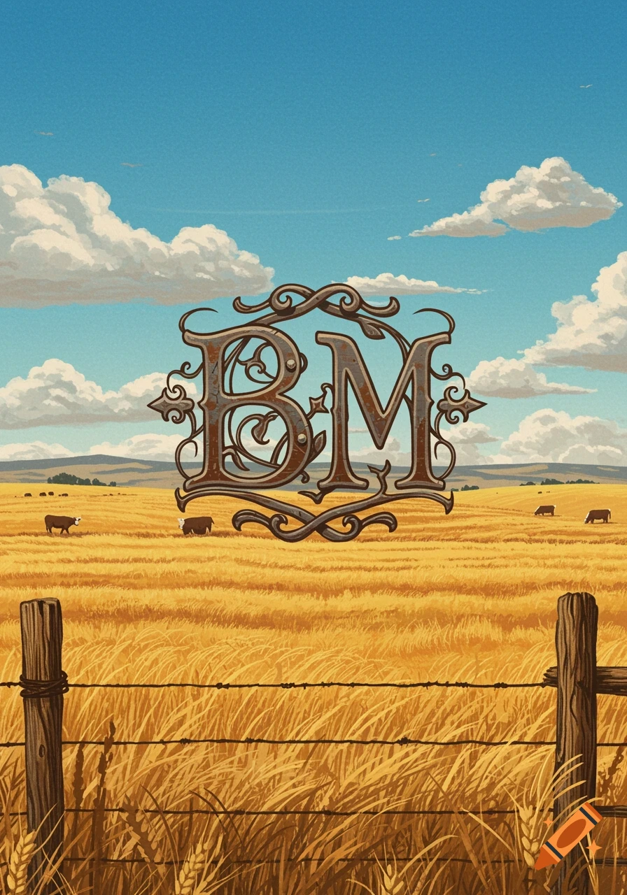 An ornate BM ranch brand logo floats above a golden wheat field with cows, bordered by a wooden fence. Illustrated style.