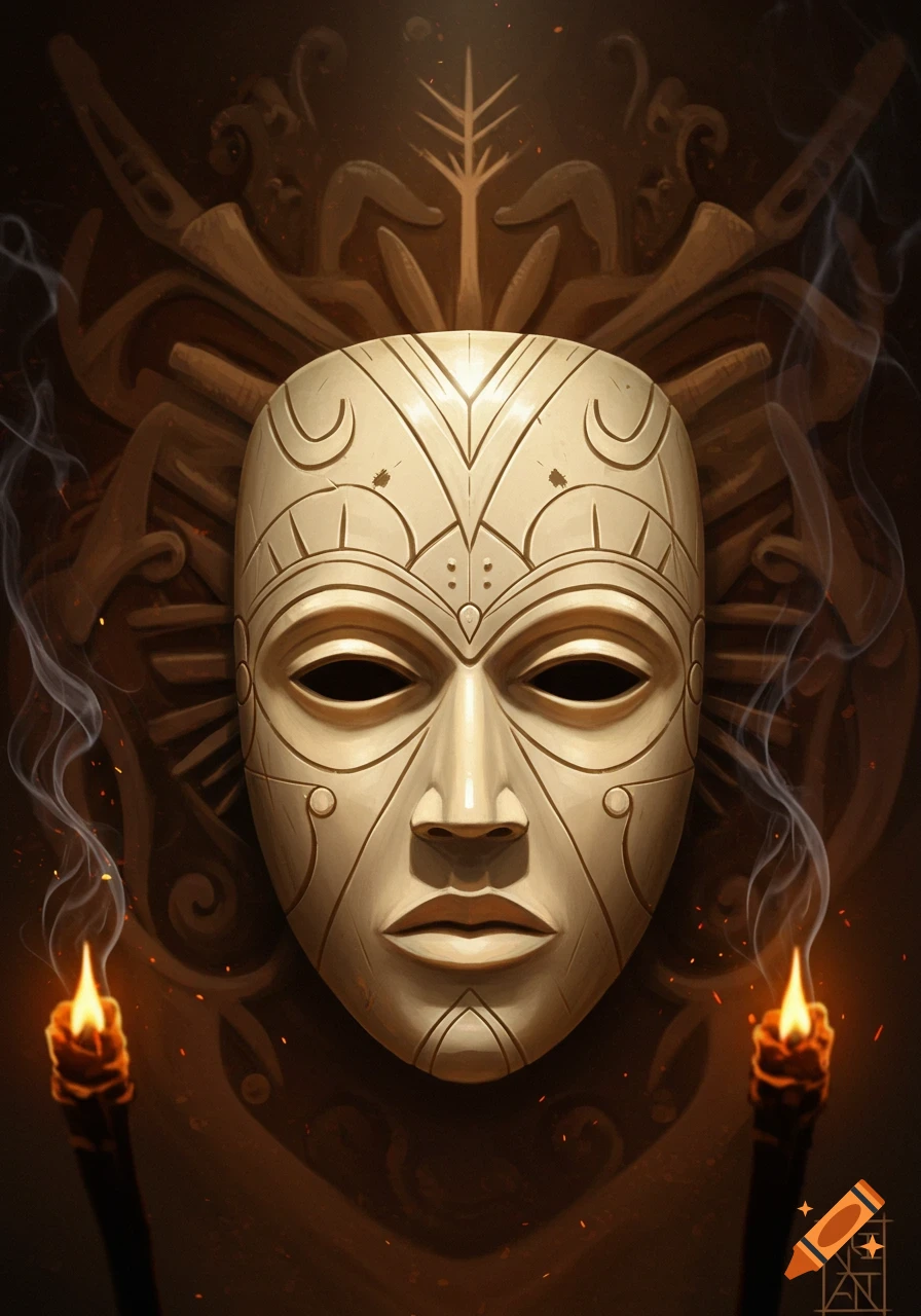 A detailed ivory ceremonial mask with intricate carvings, flanked by two smoking torches in a dark, mysterious setting.