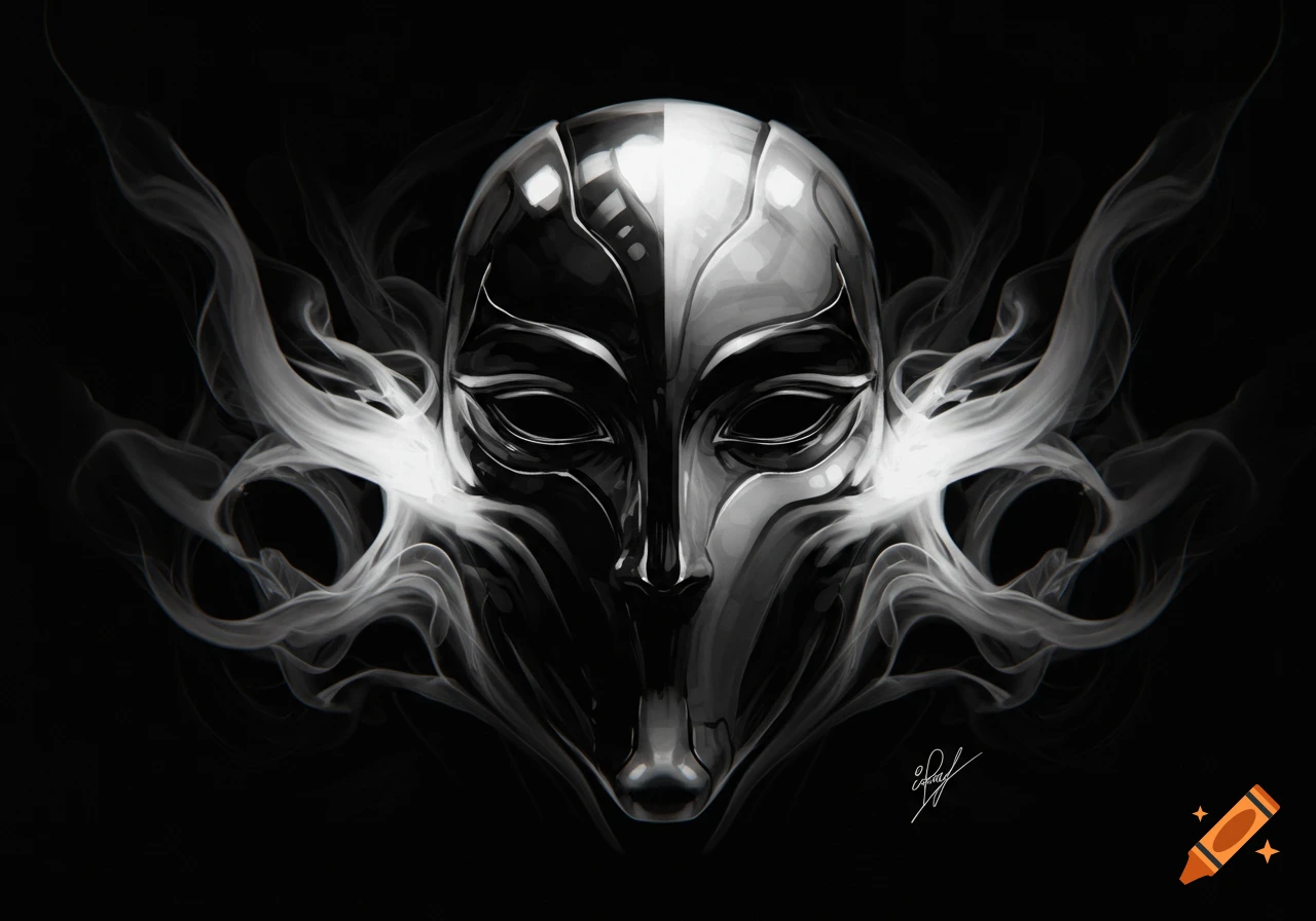 A black and white stylized mask with reflective surfaces, surrounded by swirling white smoke against a dark background.
