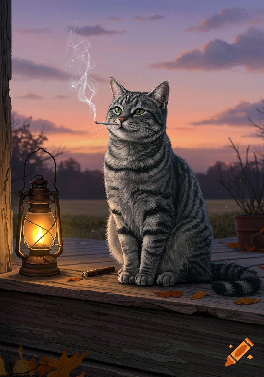 A grey tabby cat sits on a wooden porch smoking a cigarette at sunset, next to a lit lantern.