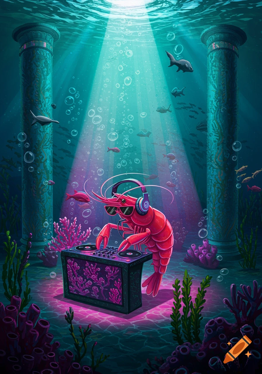 A cartoon red shrimp with sunglasses and headphones acts as a DJ underwater, surrounded by colorful coral, fish, and ancient pillars.