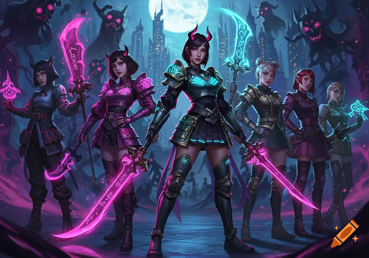 Five female demon hunters in fantasy armor with glowing weapons stand against a backdrop of a city under a full moon with shadowy monster figures.