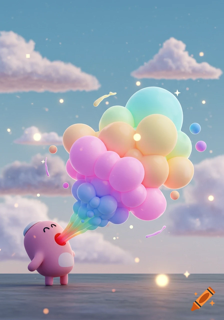 A cute pink 3D character with a happy face exhales a stream of rainbow-colored bubbles into a dreamy, cloudy sky.