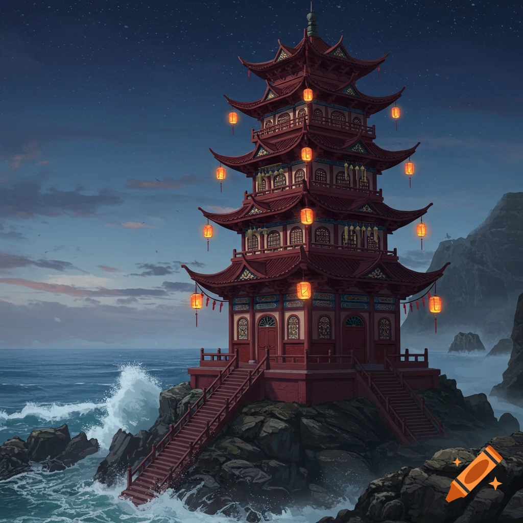 Red Chinese pagoda lighthouse on rocky cliffs by the sea at night, glowing lanterns, waves crashing. Digital painting.