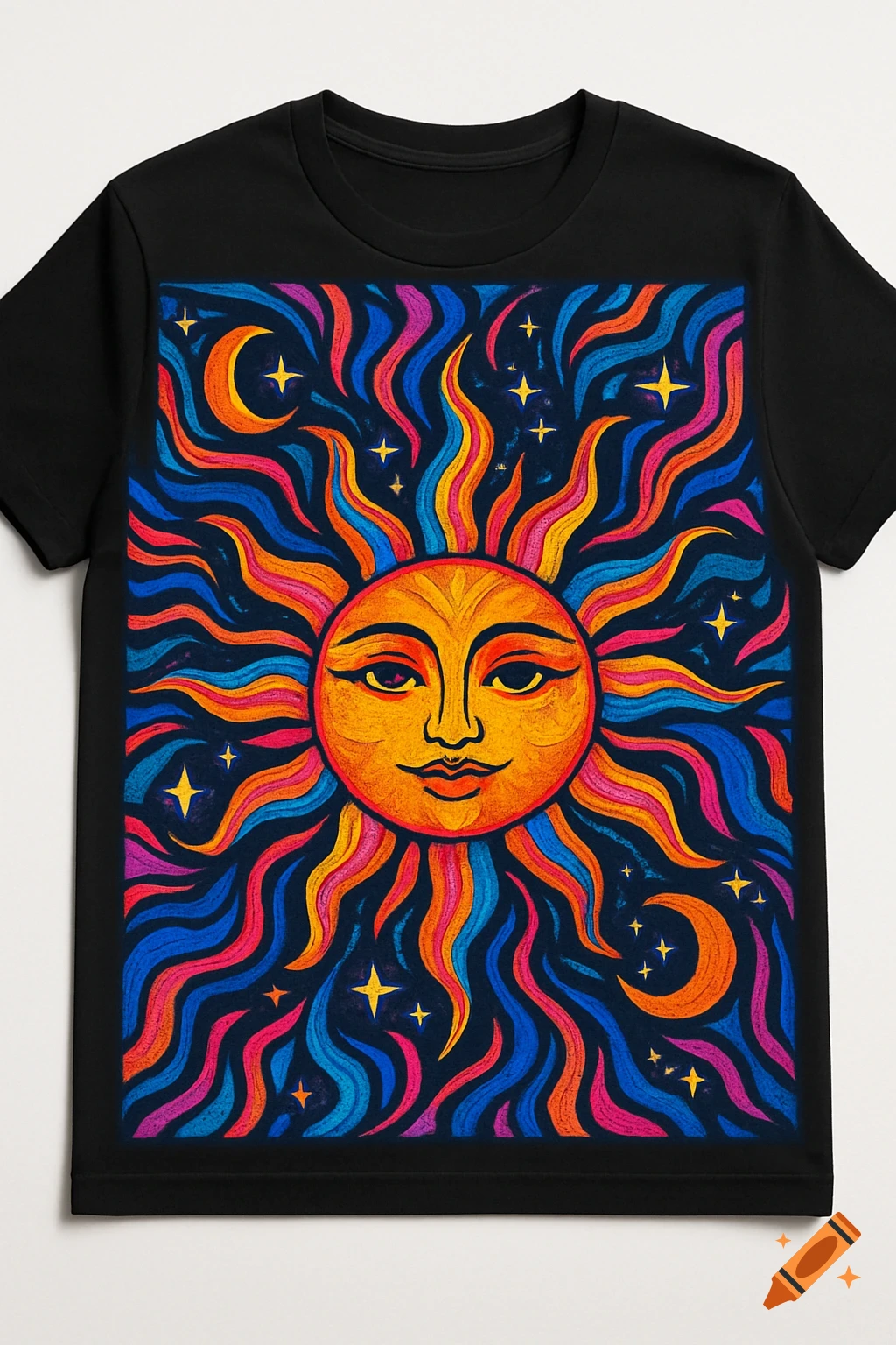 Black t-shirt with a vibrant, psychedelic print featuring a stylized sun face, moons, and stars in colorful wavy patterns.