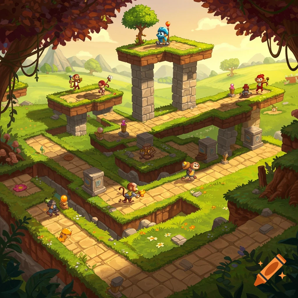 An isometric view of a colorful, cartoon-style game level featuring a maze of stone paths and grassy platforms, with several cartoon monkeys traversing the terrain amidst trees and ancient structures.