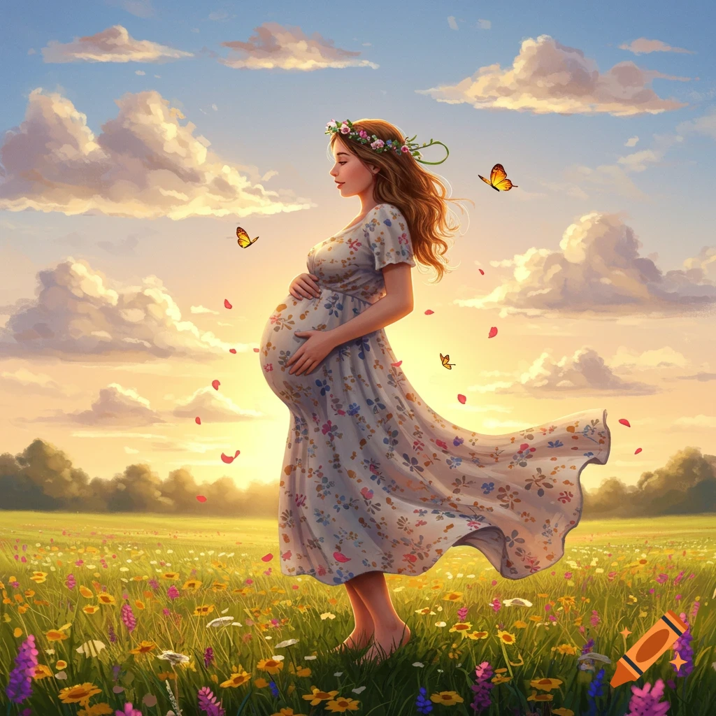 A pregnant woman in a flowing floral dress and flower crown stands in a field of wildflowers at sunset, holding her belly. Butterflies and petals float around her.