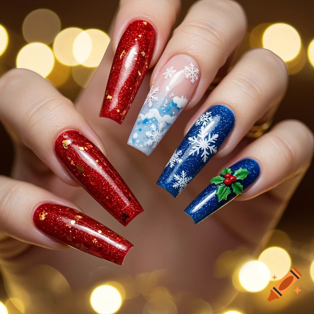 Close-up of a hand with red and blue glitter coffin nails. Designs include snowflakes, snow, and a 3D holly, against blurred golden lights.