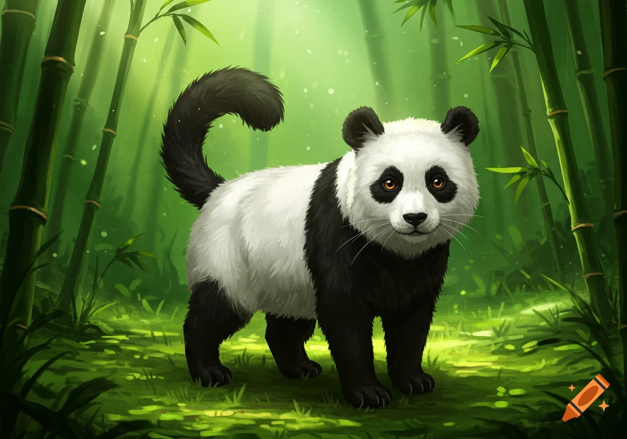 A cute black and white cat-panda hybrid stands in a vibrant green bamboo forest.