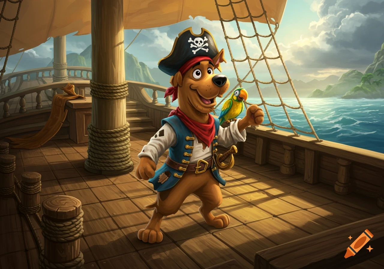 A cartoon dog resembling Scrappy-Doo, dressed as a pirate with a parrot, stands on a wooden ship deck at sea.