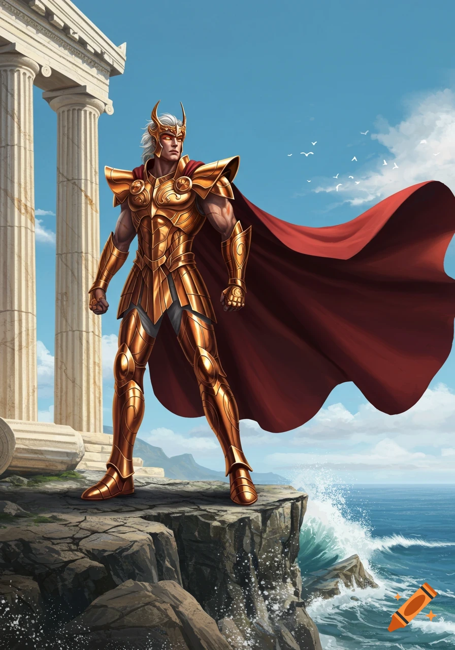 A man in golden armor and a red cape stands on a rocky cliff overlooking a stormy sea with Greek columns behind him.