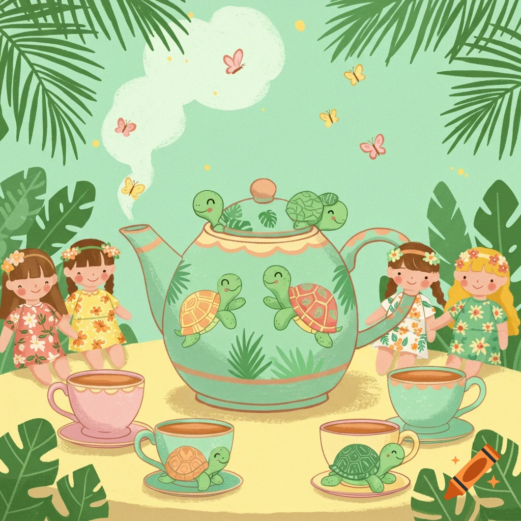A pastel cartoon illustration of a tropical tea party with four dolls, a large turtle-themed teapot, teacups with turtles, and butterflies amidst green foliage.