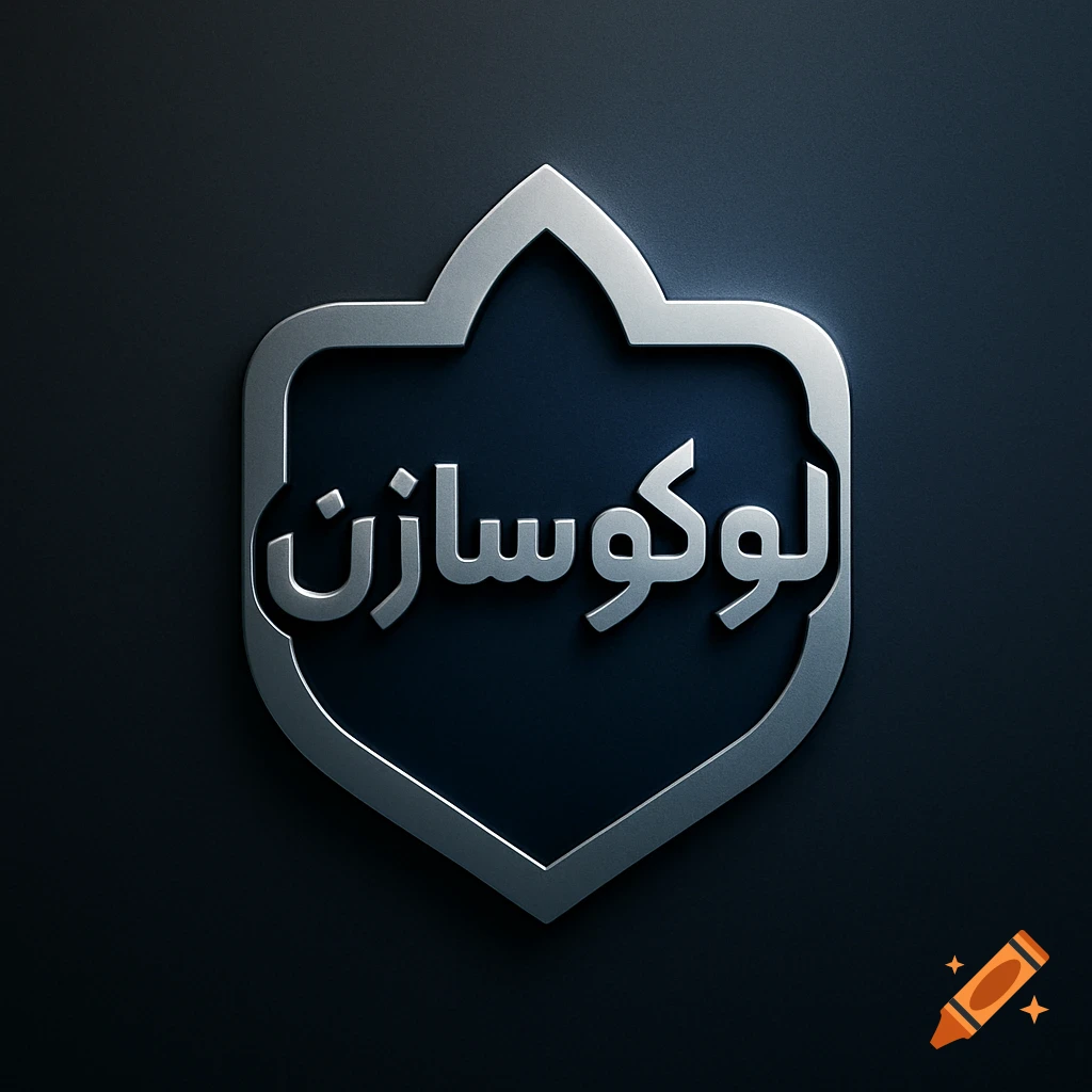 A metallic 3D logo in a shield shape, displaying the Persian text 'لوگو سازان' on a dark background.