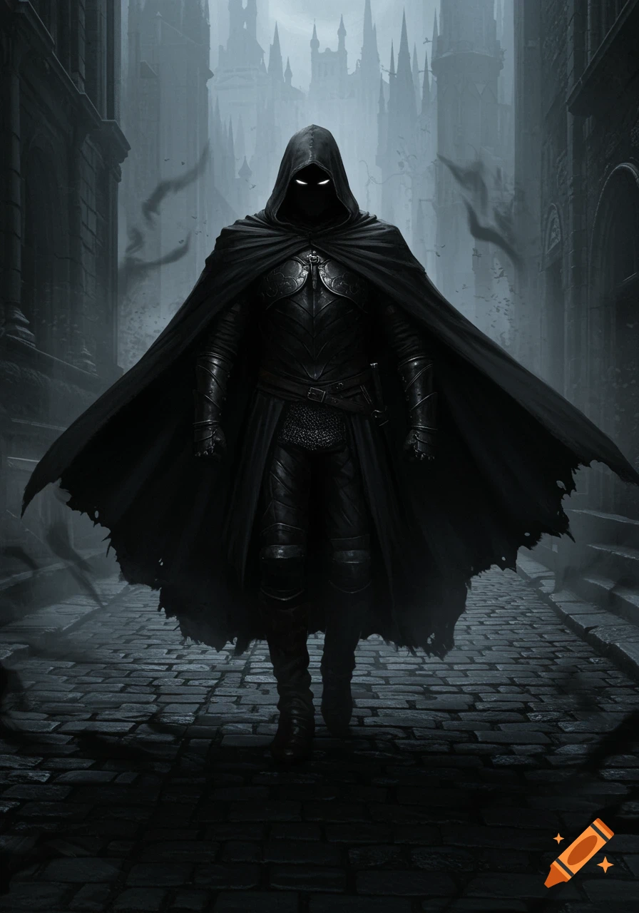 A mysterious hooded figure in black armor and a cape walks down a dark, gothic street.