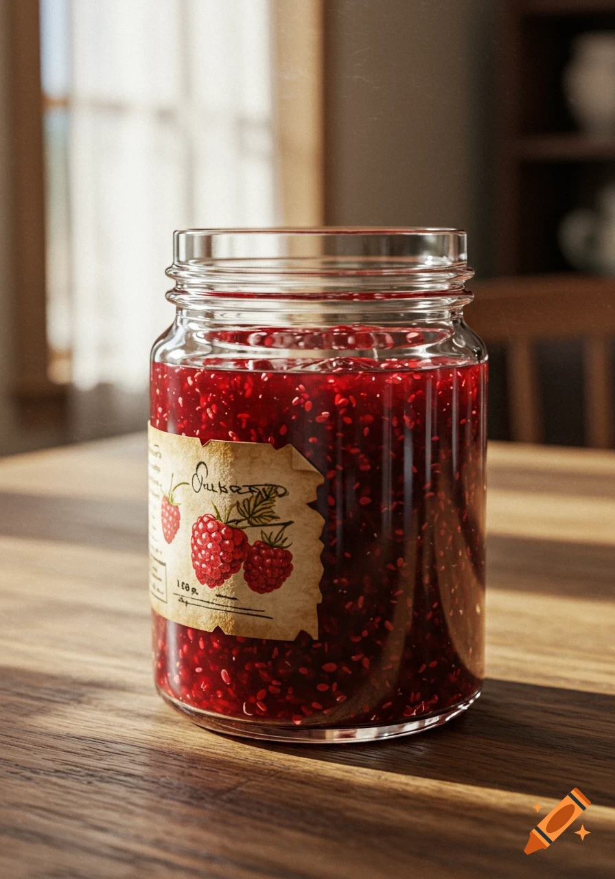 A glass jar filled with red raspberry jam sits on a wooden table, with sunlight streaming from a window.