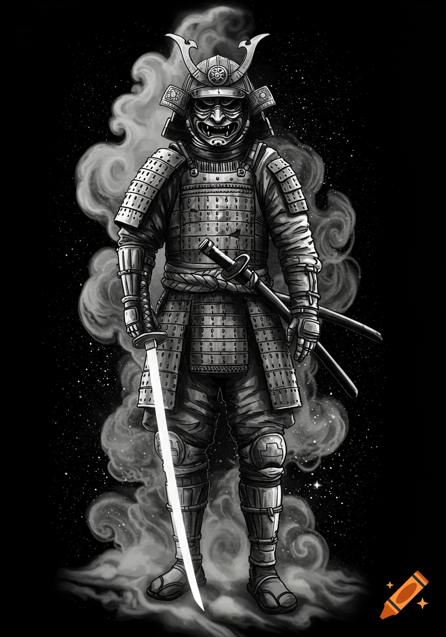A black and white illustration of a samurai in full armor and a demonic mask, holding a glowing katana, against a starry sky.