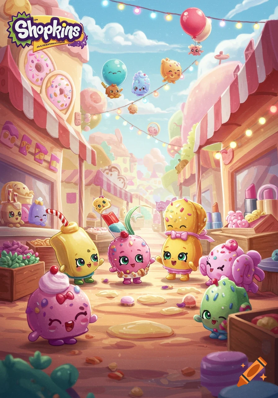 Shopkins characters in a vibrant, candy-themed market street, with stores, balloons, and sweet treats under a blue sky.
