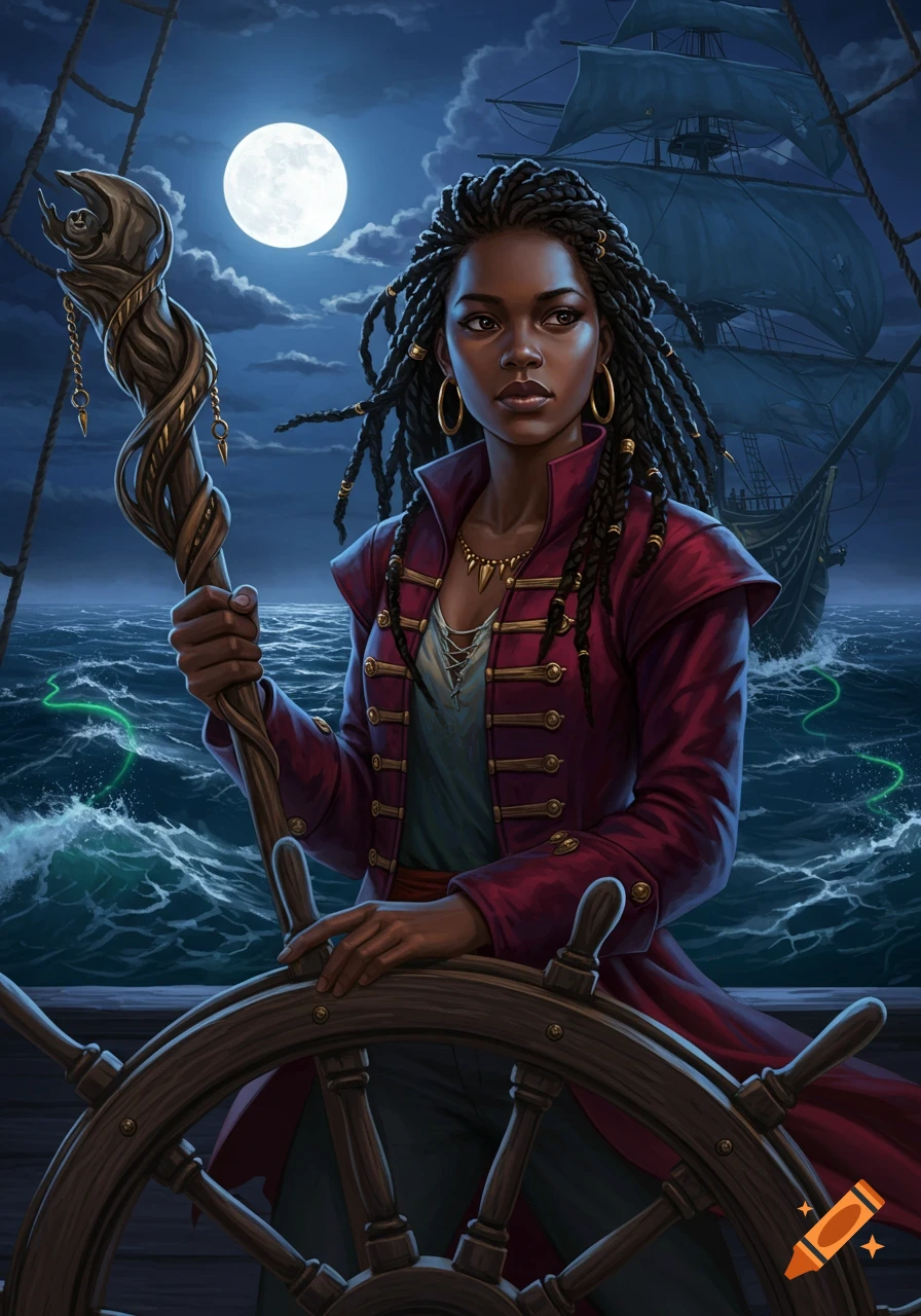A dark-skinned woman pirate with braided hair and a red coat steers a ship at night under a full moon, holding a gnarled staff.