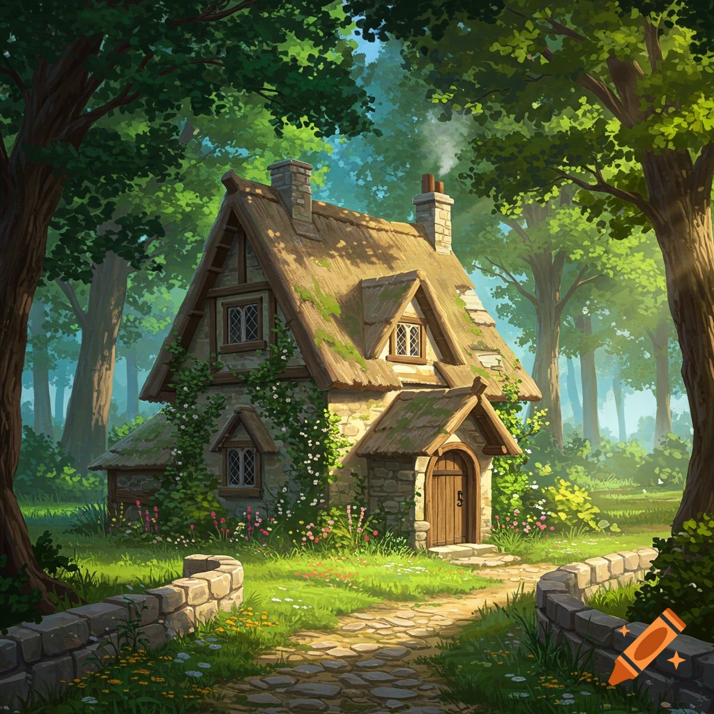 A stylized storybook cottage with a thatched roof and stone walls, nestled in a lush green forest with a stone path leading to its door.