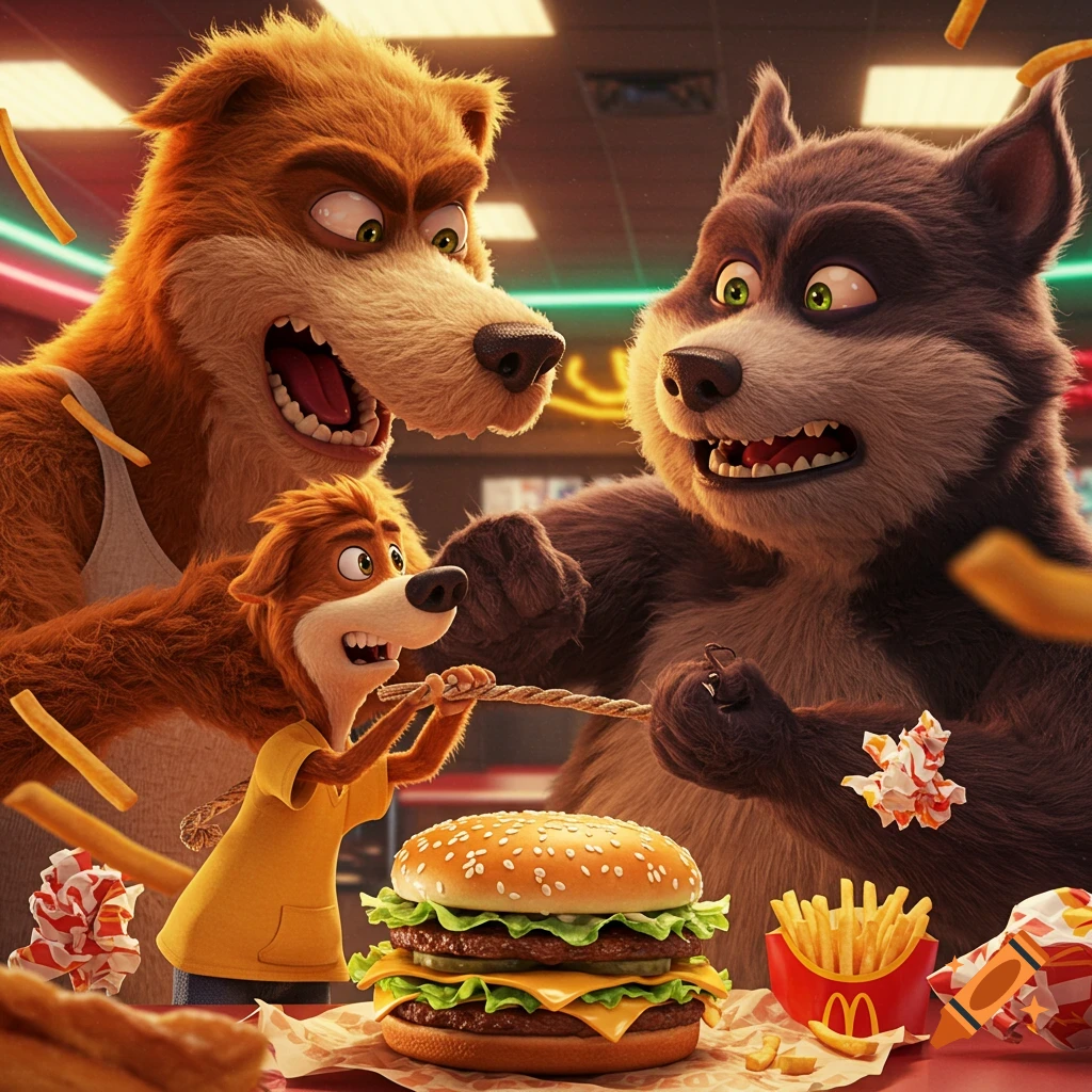 Three angry cartoon anthropomorphic animals, two large and one small, fight over a big hamburger and McDonald's fries, with fries flying around them.