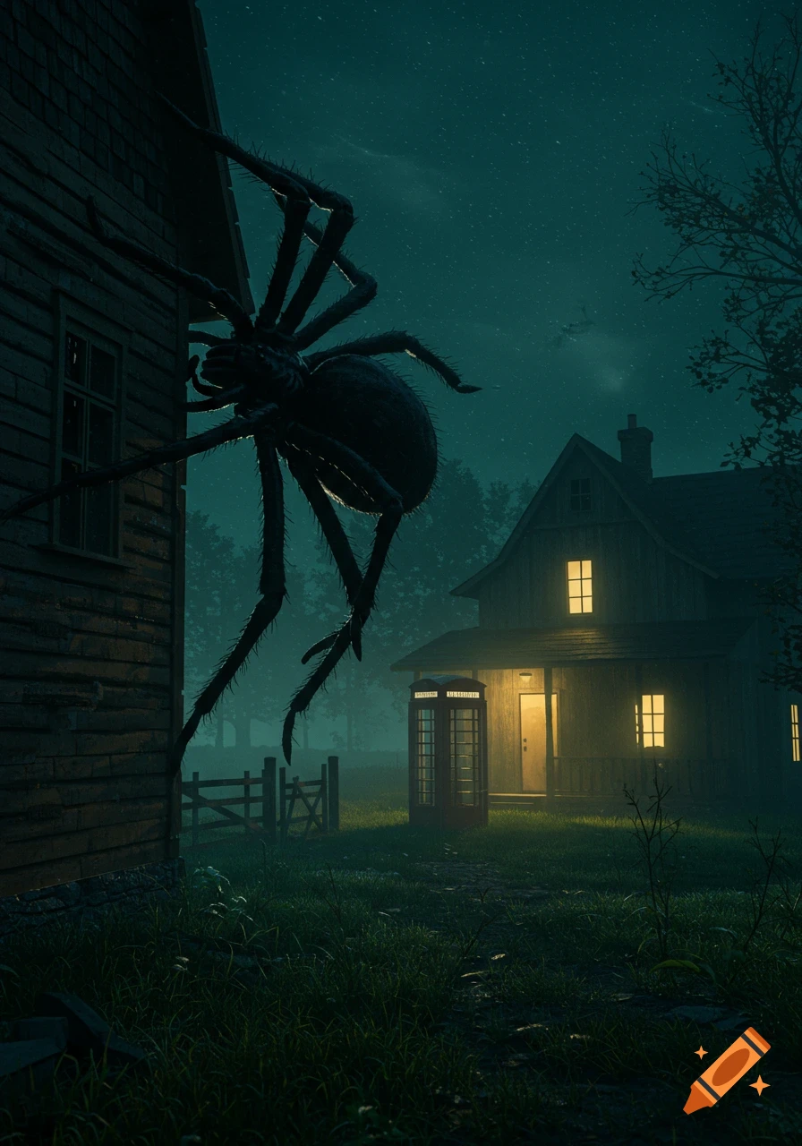 A giant spider crawls on a dark wooden house at night, with another lit house and phone booth in the eerie background.