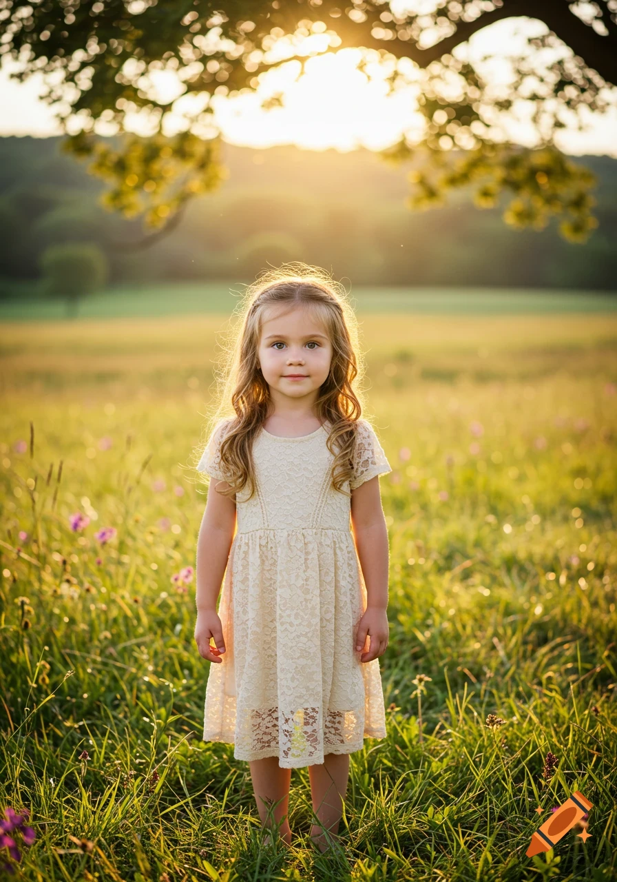 A young girl with long, wavy hair stands in a sunny field with wildflowers at golden hour.