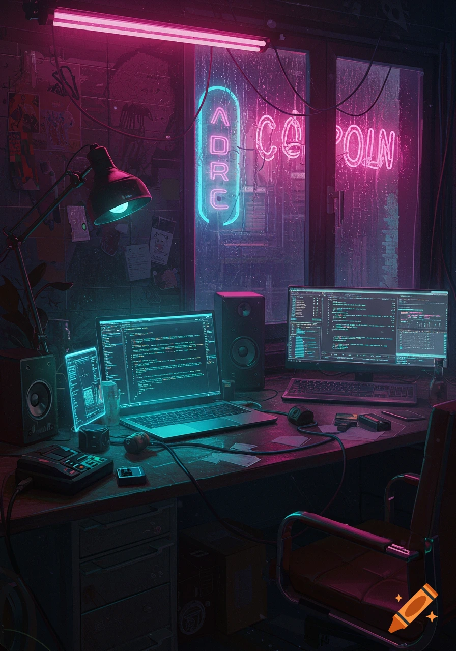 A cyberpunk-style hacker's workspace at night, illuminated by glowing computer screens and vibrant neon signs outside a window.
